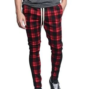 Victorious Los Angeles Mens Red Black Plaid Track Pants Ankle Zip NEW Pull on